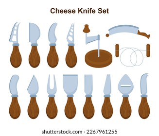 Cheese knives set. Common knives for cheese cutting. Metallic utensils tools for kitchen or restaurant, chisel, cheese fork, spreader, parm knife, cheese plane. Flat vector illustration