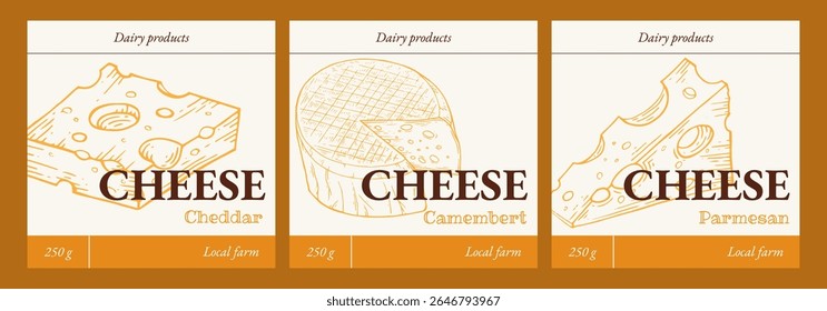 Cheese label set. Design tags for packaging dairy products. Craft branding for natural cheeses. Camembert, Parmesan and Cheddar hand-drawn in sketch retro style. Vector illustration.