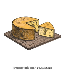 Cheese Lies On A Wooden Cutting Board. Vector Retro Illustration. Vintage Illustration.