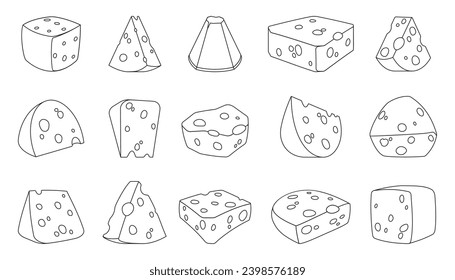 Cheese line icons. Slices, pieces and blocks of old farm cheese, outline parmesan cuts for product packaging design. Vector isolated set. Healthy and organic ingredient, dairy food