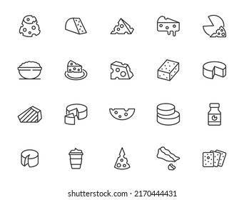 Cheese line vector icon set. Parmesan stroke cheese cream mozzarella outline icon, cheddar slice ricotta feta illustration