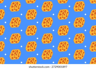 Cubos de pan de queso con el patrón inconsútil colorido ligero en el fondo azul para el postre. Cubos de queso lácteo con fondo de dibujos animados en forma de estrella para alimentos. Ilustración vectorial