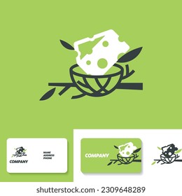 Cheese logo design template with business card in green background, vector illustration