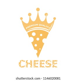 Cheese logo design template. Minimalistic symbol Aromatic cheese. Flat royal curd design isolated on background. Graphic pizzeria concept with milk product, crown