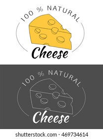 Cheese logo with hand drawn piece of cheese. Yellow and transparent farm product. Vector illustration.