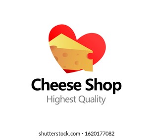 Cheese Logo with heart, Vector colorful emblem isolated on white with caption, Cheese Shop.