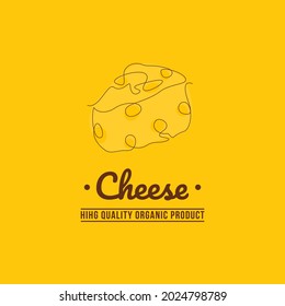 Cheese logo icon with caption. Piece of cheese continuous line drawing isolated on yellow background vector illustration