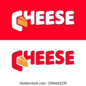 Cheese logo in lettering style on white and red background isolated. Swiss cheese style Emblem for advertising Cheese farm or market.