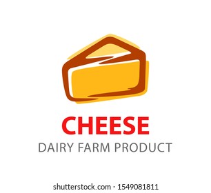Cheese logo vector design concept in the Trendy flat Minimalistic cartoon style. Logotype with Triangle part of Cheese product isolated on white with caption for Dairy Farm Store.