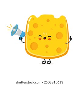 Cheese with loudspeaker character. Vector hand drawn cartoon kawaii character illustration icon. Isolated on white background. Cheese screams character concept