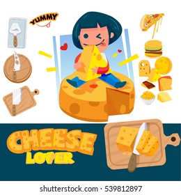 Cheese Lover girl huge a yellow cheese and sit on big piece of cheese. Different kinds of cheeses knives and food. typographic design - vector illustration