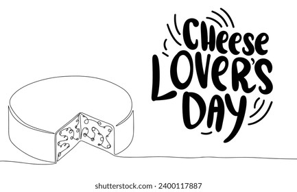 Cheese Lover's Day banner with line art cheese. Handwriting text and one line continuous cheese. Hand drawn vector art