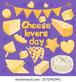 Cheese lovers day. Cartoon sliced ​​cheese with holes. Cheese of different shapes: triangle, heart, cube, star, cheese on a stick. Set of vector cheeses.
Festive cheese flags