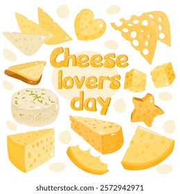 Cheese lovers day. Cheese holiday. Cheese set. Vector clipart