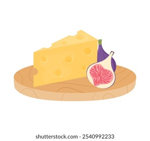 Queijo maasdam com figos sobre fundo branco. Pedaços de queijo duro no prato. Queijo com buracos. Ilustração vetorial.