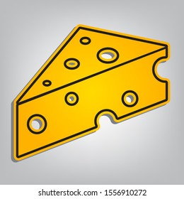 Cheese Maasdam sign. Flat orange icon with overlapping linear black icon with gray shadow at whitish background. Illustration.