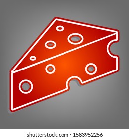 Cheese Maasdam sign. Flat red icon with linear white icon with gray shadow at grayish background. Illustration.