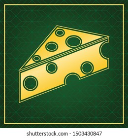 Cheese Maasdam sign. Golden icon with gold contour at dark green gridded background. Illustration.