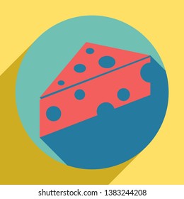 Cheese Maasdam sign. Sunset orange icon with llapis lazuli shadow inside medium aquamarine circle with different goldenrod shadow at royal yellow background.