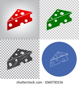 Cheese Maasdam sign. Vector. 4 styles. Red gradient in radial lighted background, green flat and gray scribble icons on transparent and linear one in blue circle.
