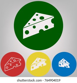 Cheese Maasdam sign. Vector. 4 white styles of icon at 4 colored circles on light gray background.