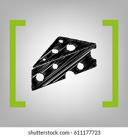 Cheese Maasdam sign. Vector. Black scribble icon in citron brackets on grayish background.