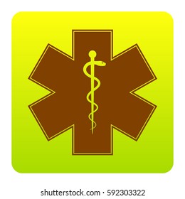 Cheese Maasdam sign. Vector. Brown icon at green-yellow gradient square with rounded corners on white background. Isolated.