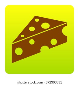 Cheese Maasdam sign. Vector. Brown icon at green-yellow gradient square with rounded corners on white background. Isolated.