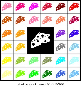 Cheese Maasdam sign. Vector. Felt-pen 33 colorful icons at white and black backgrounds. Colorfull.