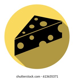 Cheese Maasdam sign. Vector. Flat black icon with flat shadow on royal yellow circle with white background. Isolated.