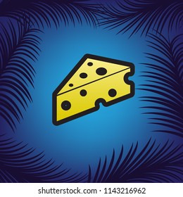 Cheese Maasdam sign. Vector. Golden icon with black contour at blue background with branches of palm trees.