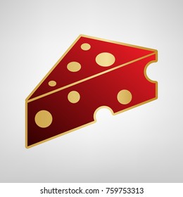Cheese Maasdam sign. Vector. Red icon on gold sticker at light gray background.