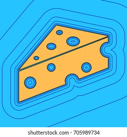 Cheese Maasdam sign. Vector. Sand color icon with black contour and equidistant blue contours like field at sky blue background. Like waves on map - island in ocean or sea.