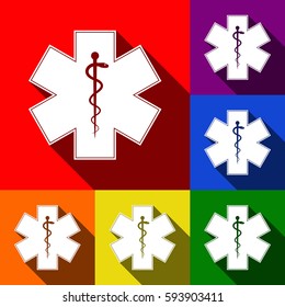 Cheese Maasdam sign. Vector. Set of icons with flat shadows at red, orange, yellow, green, blue and violet background.