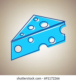 Cheese Maasdam sign. Vector. Sky blue icon with defected blue contour on beige background.