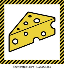Cheese Maasdam sign. Vector. Warm yellow icon with black contour in frame named as under construction at white background. Isolated.