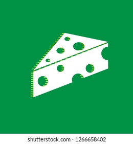 Cheese Maasdam sign. Vector. White flat icon with yellow striped shadow at green background.