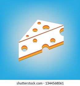 Cheese Maasdam sign. Vector. White icon with 3d warm-colored gradient body at sky blue background.