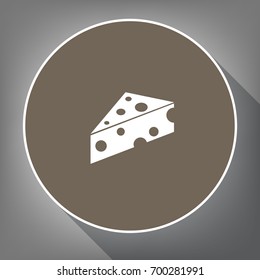 Cheese Maasdam sign. Vector. White icon on brown circle with white contour and long shadow at gray background. Like top view on postament.