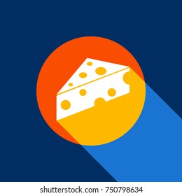 Cheese Maasdam sign. Vector. White icon on tangelo circle with infinite shadow of light at cool black background. Selective yellow and bright navy blue are produced.