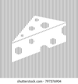 Cheese Maasdam sign. Vector. White icon on grayish striped background. Optical illusion.