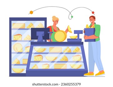 Cheese maker with client concept. Hapy young cashier with vendor of diary product. Natural and organic food with protein in store. Support your local shop. Cartoon flat vector illustration