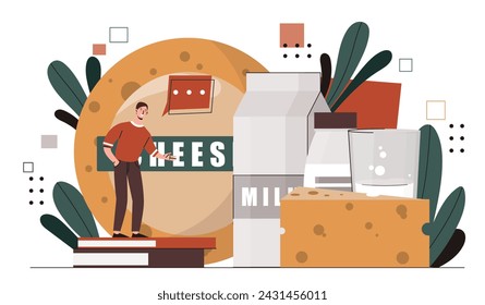 Cheese maker concept. Man with dairy products. Young guy with milk. Natural and organic products. Healthy eating with vitamins. Cartoon flat vector illustration isolated on white background