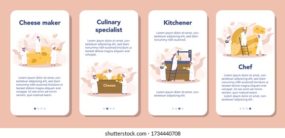 Cheese maker concept mobile application banner set. Professional chef making block of cheese. Cooker in professional uniform, holding a cheese slice. Cheese production. Isolated vector illustration