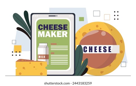 Cheese maker concept. Natural and organic products with protein. Dairy eating and milk. Food from farm with vitamins and calcium. Cartoon flat vector illustration isolated on white background