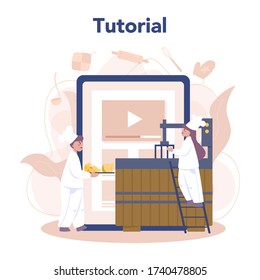 Servicio o plataforma en línea de concepto de fabricante de queso. Chef profesional haciendo bloque de queso. Tutorial de video en línea. Ilustración vectorial aislada