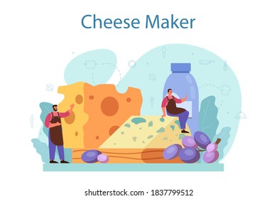 Cheese maker concept. Professional chef making block of cheese. Cooker in professional uniform, holding a cheese slice. Cheese production. Isolated vector illustration