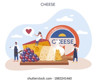 Cheese maker concept. Professional chef making block of cheese. Cooker in professional uniform, holding a cheese slice. Cheese production. Isolated vector illustration
