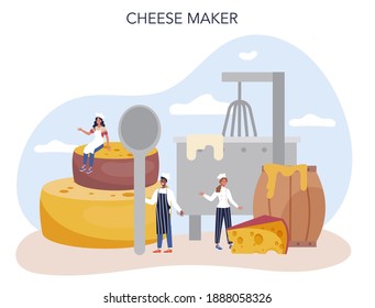 Concepto de fabricante de queso. Chef profesional haciendo bloque de queso. Cocina con uniforme profesional, con una rebanada de queso. Producción de queso. Ilustración vectorial aislada