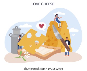 Cheese maker concept. Professional chef making block of cheese. Cooker in professional uniform, holding a cheese slice. Cheese production. Isolated vector illustration